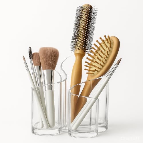 Image of Acrylic Makeup Brush Holder | 3 Compartment Cosmetic Organizer for Brushes, Comb, Eyeliner, Lipstick & Stationery | Transparent Vanity Storage Box for Dressing Table & Bathroom