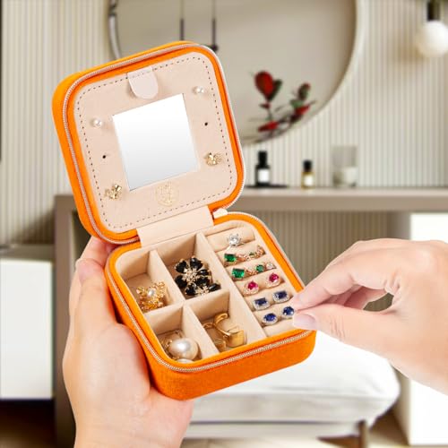 Image of TRODANCE Plush Velvet Travel Jewelry Case Organizer, Small Travel Jewelry Box,Portable Jewelry Box Travel Mini Organizer Portable Display Storage Box For Rings Earrings Necklaces (Orange)