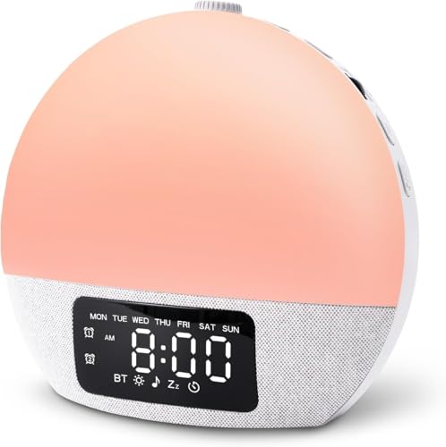 Sun Alarm Clock with Sunrise Simulation - Wake Up Light Alarm Clock & Sunrise Alarm White Noise Machine - Moon Lamp & Bluetooth Speaker for Bedroom with 25 Sleep Sounds for Baby and Adults