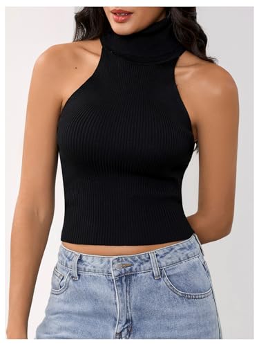 MakeMeChic Women's Sleeveless Turtleneck Sweater Top Crop Backless Mock Neck Tops3