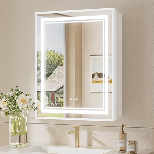 TokeShimi 24x30 Inch LED Medicine Cabinet White Frame, Medicine Cabinet with Lights, 3-Color Lighted...