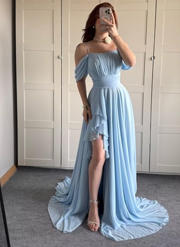 Off The Shoulder Chiffon Bridesmaid Dresses Spaghetti Straps Corset A-Line Black Formal Dress with Slit2