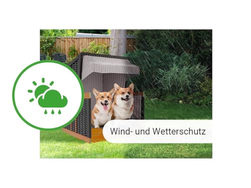 Outgarden Hundestrandkorb Kieferholz|Hundehütte inkl. Schützhülle|Schwenkbarer Wasser-/Futternapf|Sonnenschutz für Hunde & Katzen|Braun mit Dunkelblau-weißen Streifen- Perfekt für kleine Hunde