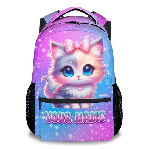 Personalized Backpack for Girls - Cat Backpacks for Kids Ages 6-8, 17 Inch Custom Toddler School Bookbag with Name