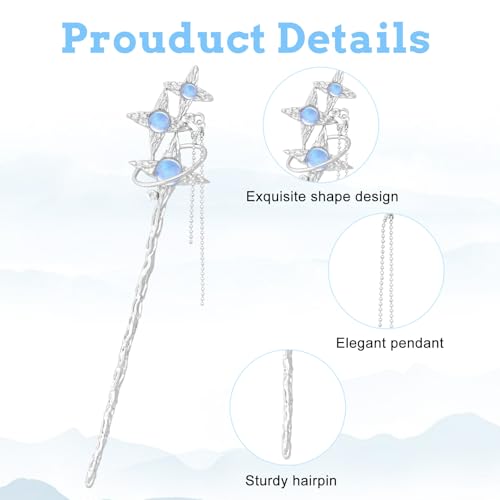 Ngdhkd 8 Pcs Star Moon Hair Sticks Chinese Hanfu Asian Hair Chopsticks Metal Silver Hair Bun Updo Holders for Women Accessories Long Hair - Thumbnail 3