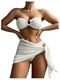 GORGLITTER Women's Strapless Bandeau Hipster Bikini Sets with Cover Up Skirt Ring Linked 3 Piece Beach Swimwear White Medium