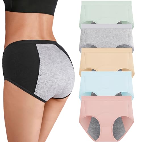 Bysion Mutandine Donna per Il Periodo mestruale in Cotone Protettivo Culotte Vita Alta Slip a Prova di perdite Traspiranti Biancheria Intima Dopo Il Parto con 4 Strati Anti perdite 5 Pezzi
