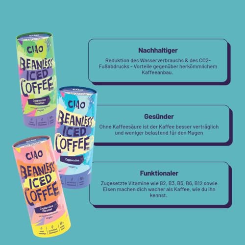 Ciao Coffee Eiskaffee Cappuccino 12×235 ml | Aus europäischem Getreide I Koffeinkick wie Espresso (90 mg) | 50% weniger Zucker & Funktionaler Vitaminkick – Ohne Kaffeebohnen (12 Pack, Karamell)