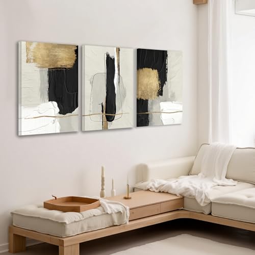 Image of DUWQU Abstract Brushstrokes Canvas Wall Art Black White Gold 16x24 inch x3 | Wooden frame, UV-resistant ink, Giclee printing process, Pre-installed hooks make it easy to hang home or office wall decor