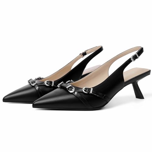 Image of Mostrin Kitten Heels for Women Pointed Toe Pumps Patent Leather Low Heel Slingback Heels with Buckle Dress Shoes for Dating Party Working