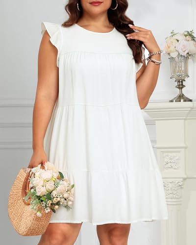 Image of Holipick Women's Plus Size Summer Dresses Casual Short Dress Babydoll Ruffle Sleeve Swing Flowy Sleeveless Tunic Dress