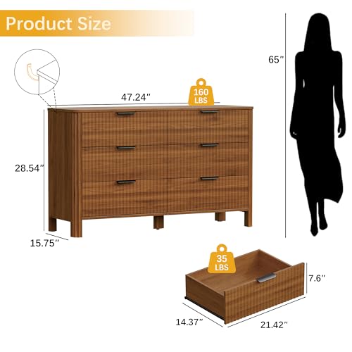 Image of Wodeer 6 Drawer Dresser for Bedroom, 47 inch Wide Wood Storage Cabinet with Fluted Design, Modern Chest of Drawers & TV Stand for Living Room, Nursery Clothing Organizer with Metal Slides, Anti-Tipping