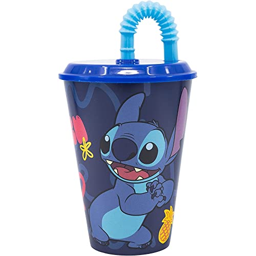 Bicchiere con cannuccia, Stitch, Disney, bicchiere per bambini, plastica riutilizzabile semirigida, BPA Free, capacità 430 ml