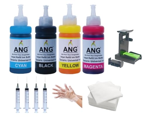 Image of ANG Ink Compatible Dye Ink for H.p. 803 /680 /678 /818 /802 /901 /703 /704 /46 Cartridges 4 Refill Ink with 4 Syringe & Suction Tool Kit Set Black + Tri Color Combo Pack Ink Cartridge