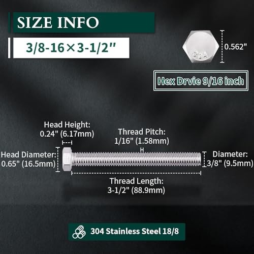 Image of 3 /8-16 x 3-1 /2 inch Hex Head Bolts Screws, 304 Stainless Steel 18-8, Fully Threaded, Hexagon Head Cap Bolts Screws, Coarse Thread UNC, 6 PCS
