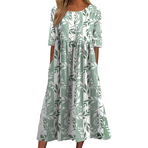 Boho Floral Dresses for Women 2025 Casual Crew Neck Short Sleeve Midi Dress Summer Loose Flowy Dress with Pockets