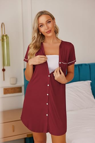 Image of Ekouaer Nightgowns for Women Button Down Night Gowns Short Sleeve Sleep Shirt V Neck Nightshirt Soft Sleepwear Pajams Dress