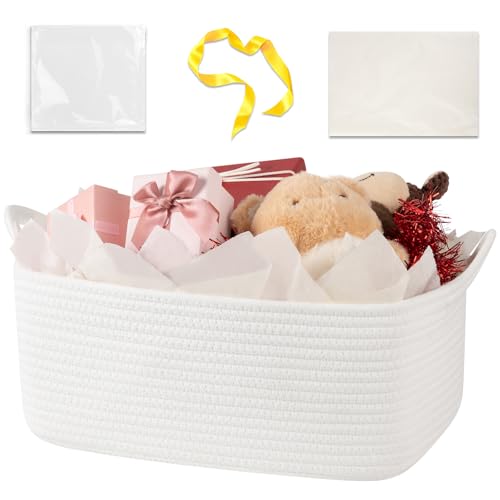 Image of OIASKET Gift Basket Empty with Handle, Small Woven Baskets for Gifts Empty | 13.6 inchx10 inchx5.9 inch, Baby Shower Toy Storage Baskets, Dog Toy Storage for Organizing, with Gift Bag Ribbon Tissue Paper