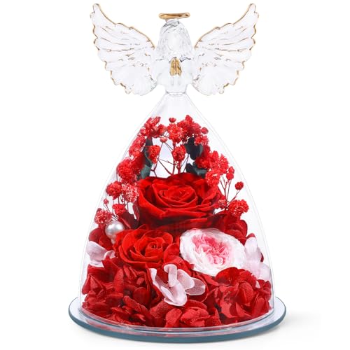 FIACO Gifts for Women Preserved Rose Forever Flower in Glass Angel Figurine Fresh Flowers for Delivery Mothers Day Birthday Gifts for Mom Grandma Wife Sister Red