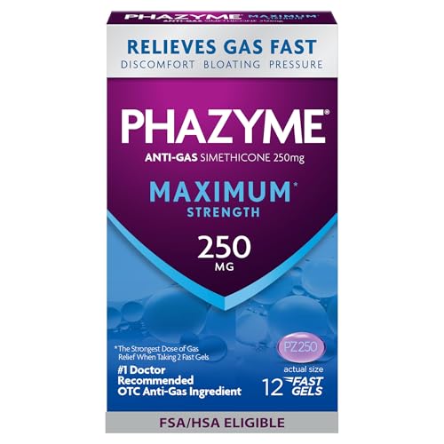 Image of Phazyme Gas Relief, Maximum* Strength Gas and Bloating Relief for Adults, 250 mg Simethicone, 12 Count, Fast Gels to Quickly Ease Bloating, Pressure & Discomfort