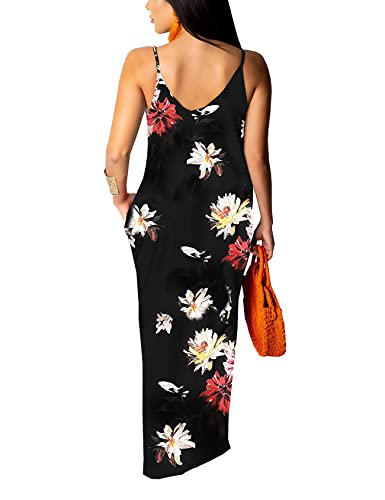 Image of Luau Dress for Women Casual Sexy Summer Floral Spaghetti Strap Sleeveless Plus Size Maxi Dresses with Pockets, Small