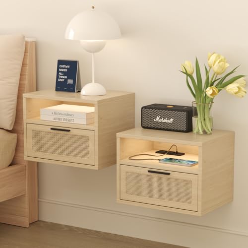 Floating nightstand Set of 2 with USB Ports, outlets, and led Light Strip – Modern Wall-Mounted nightstands with Oak and Rattan Design