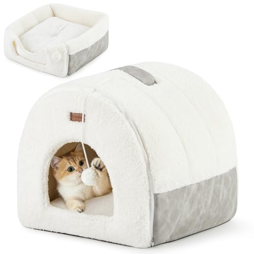ZOMISIA Cat Bed Cave for Indoor Cats - 2 in 1 Cat Hideaway Hut Fully Machine-Washable, Covered Kitten House Bed with Cushioned Pillow, Cute Small Pet Tent with Non-Slip Bottom, 15 Inches