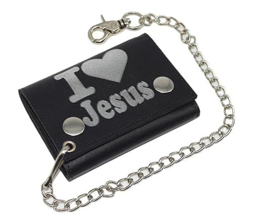 MARSHAL I Love Jesus RFID Protected Trifold Biker Men's Genuine Leather Steel Chain Wallet Snap closure (I Love Jesus) - Main Image