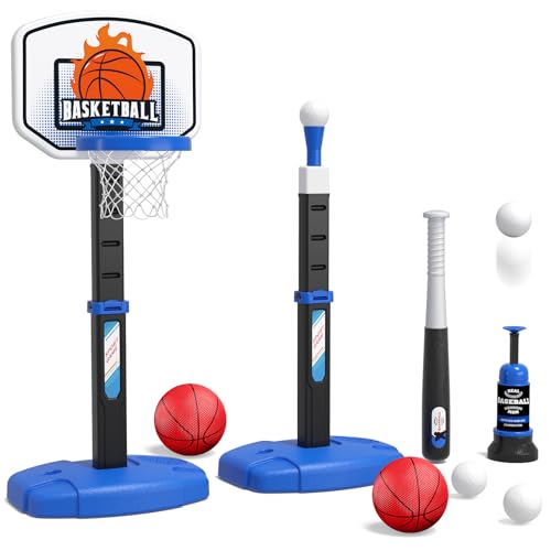 Image of Wee Wonders 2 in 1 Toddler Basketball Hoop and T Ball Set with Automatic Pitching Machine - Adjustable Height, Kids Basketball Hoop Suit for Indoor/Outdoor, Sport Toys Gifts for Boys Age 3-5, Black