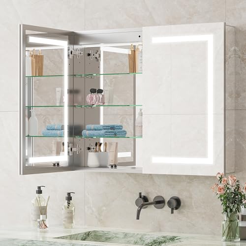 Wumagin Armoire Salle De Bain 100% préinstallé avec Miroir LED Double Porte, Anti-Buée, Prise & USB, Étagères Réglables, Miroir Salle de Bain avec Rangement...
