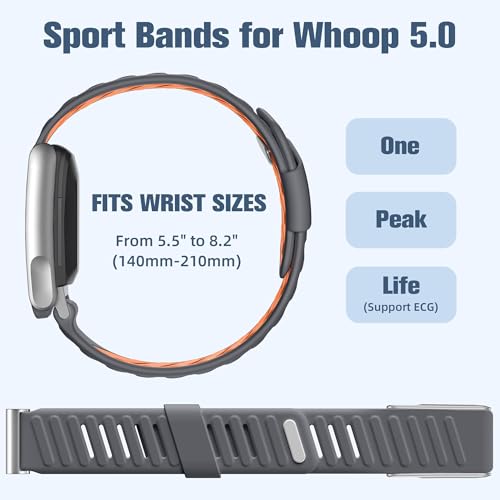 Image of VEMIGON Silicone Sport Band Compatible with Whoop 5.0 One /Peak, Life /MG, Breathable, Adjustable Waterproof Replacement Wristband Strap with Stainless Steel Frame Connector, NOT for Gen 4.0(Band only)