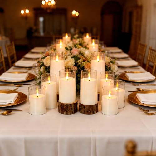 Image of kakoya Flickering Flameless Candles Battery Operated with Remote and 2 /4 /6 /8 H Timer Acrylic Led Pillar Candles Pack of 9 (D 3 inch xH 4 inch 5 inch 6 inch) with Realistic 3D Wick Candles for Home Decor(White)
