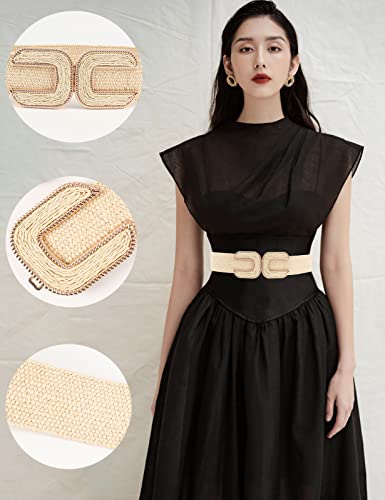 Topacc Elastic Woven Rattan Belt Boho Stretch Beige Wide Straw Belts For Women Dresses Western Cinch #TOP3