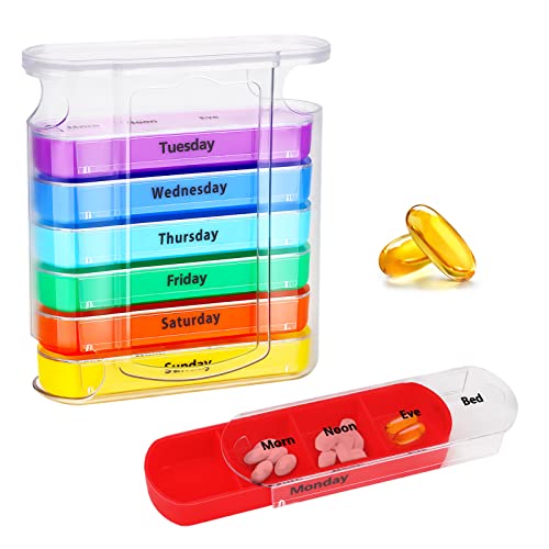Pill Organiser 7 Day Pill Box 4 Times a Day, Weekly Pill Case with 28 Compartments for Medicines Supplements Vitamin, Portable Medicine Box Pill Box Organiser for Elderly Men Women Rainbow
