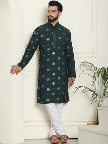 Image of SOJANYA (Since 1958 Men's Cotton Silk Sequinned Embroidered Kurta with White Pyjama