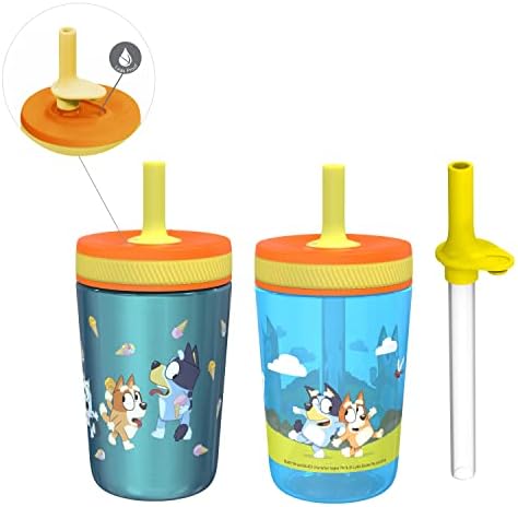 Zak Designs Bluey Kelso Tumbler Set, 15 fl.oz. Leak-Proof Screw-On Lid with Straw, Bundle for Kids Includes Plastic and Stainless Steel Cups with Bonus Sipper, 3pc Set, Non-BPA
