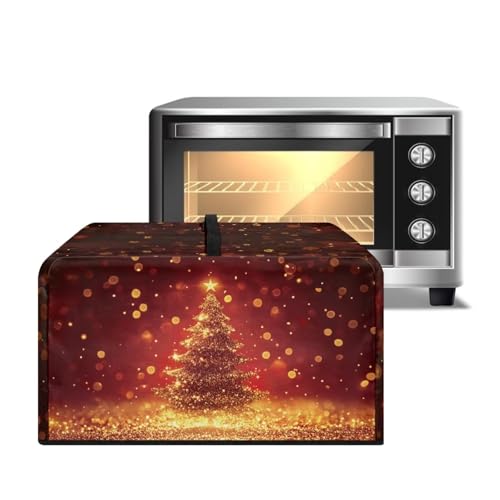 Image of Christmas Decor Microwave Oven Cover Washable Fabric Convection Toaster Oven Dust Cover Kitchen Appliance Protector, S, 18.25 x 14.5 x 11 Inches, Christmas Tree Gold Red