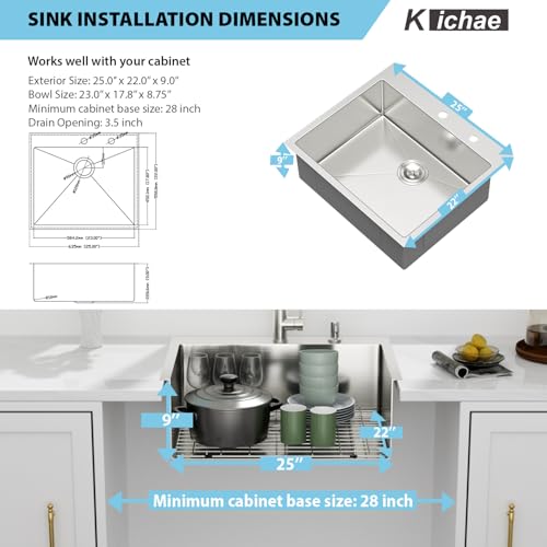 Image of Kichae 25 Drop In Kitchen Sink with Faucet Combo - Stainless Steel Sinks 25 x 22 Inch Topmount Overmount Single Bowl Handmade Basin with Accessories