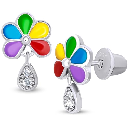 925 Sterling Silver Daisy Colored Stud Earrings for Girls Hypoallergenic Safety Screw Back Rhodium Plated - Daisy Colored Gifts Earrings for Baby Toddlers Little Teens Kids Earrings Jewelry