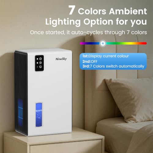 NineSky Dehumidifiers for Home, 1000 Sq.Ft Dehumidifier with 95oz Water Tank, Quiet Dehumidifier for Basement Bathroom Bedroom with 7-Color Ambient Light & Auto Shut Off, White - Image 5
