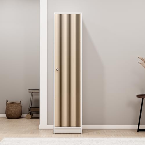 Image of Bniture Luxe 1 Door Wardrobe for Bedroom | Almirah for Clothes with 4 Shelves & Integrated Handle | Full Height Storage Cupboard for Bedroom | Wardrobe with Elevated Base | Frosty White & Giant Wood