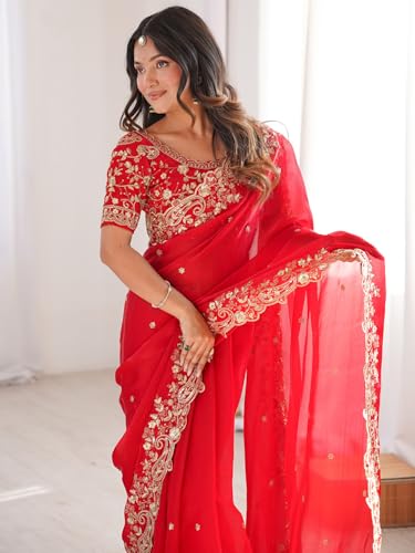Image of AKHILAM Women's Shimmer Satin Sequence Embroidery Saree With Unstitched Blouse Piece(AARYAN21401 KR Parent)