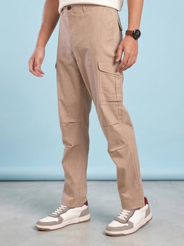 Image of Vogaan Men Cotton Linen Blend Cargo Pants | Mid Rise Regular Fit Casual Trousers | Multi Pocket Utility Bottom Wear | Comfortable Breathable Fabric Travel Outdoor Styling