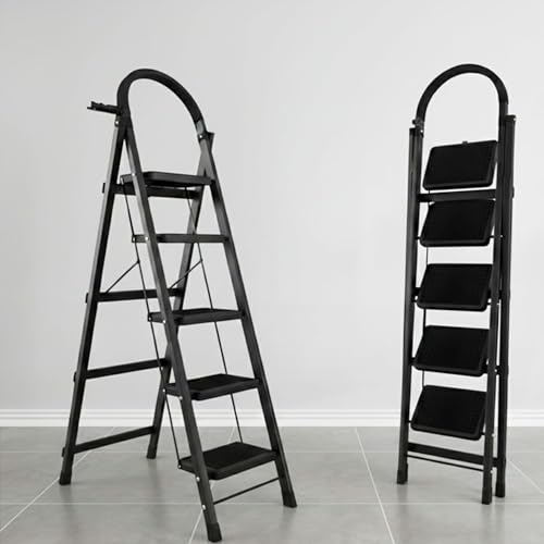 Image of Jialto Premium Matte Black 5 Step Ladder | Foldable Ladder for Home with Built-in Tool Tray | Secure Lock & Wide Rubber Feet | Heavy Duty Home Step Ladder (150kg Capacity)