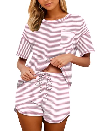 Image of KCW Pajamas for Women Set 2 Piece 100% Cotton Lounge Sets Short Sleeve Top and Shorts Pj Set Sleepwear Outfits