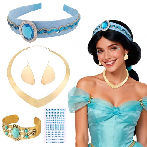 5 Stück Jasmin Kostüm Frauen Zubehör Set - Prinzessin Jasmin Kostüm Damen Stirnband Halskette Ohrringe - Orientalisches Aladin Kostüm Schmuck Set für Fasching Cosplay & Mottoparty