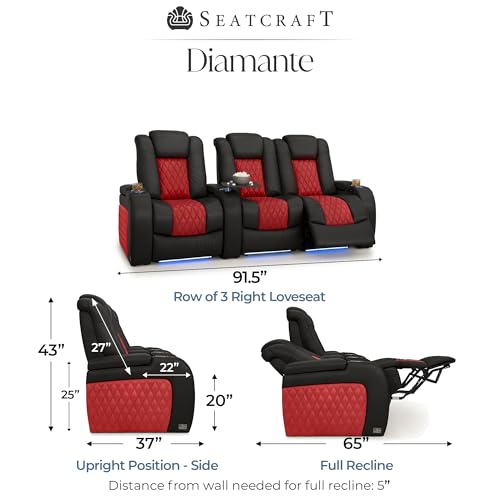 Image of Seatcraft Diamante Black /Red Italian Leather Home Theater Seating, Zero Gravity Power Recliner, Gaming and Home Office Chair, Powered Headrest Furniture for Cinema Room, Row of 3 Right Loveseats
