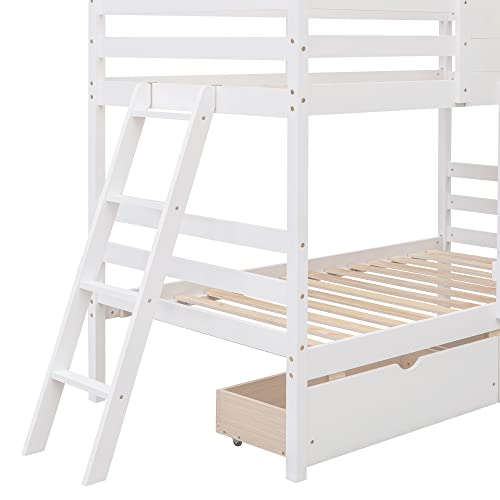 Durab House Bunk Bed, Bunkbeds Twin Over Twin Bunk Beds With Roof Window And 2 Storage Drawers Wood Twin Bunk Beds No Box Spring Required For Girls Boys,White #TOP5