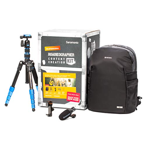 Image of Roadieographer Audio /Video YouTube Instagram Content Creation Kit for Musicians and Bands w /Backpack, Benro Tripod, Phone Clamp, and Saramonic SR-BSP1C Condenser Microphone w /Cables - Pro