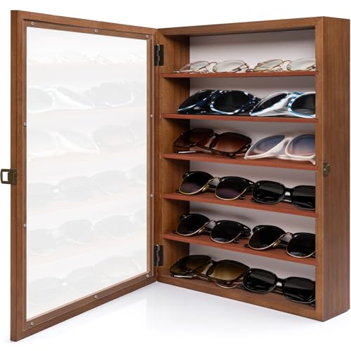 WELIDAY Sunglasses Organizer Storage Case Wall Mounted Glasses Display Case Wood Eyewear Holder (Brown)